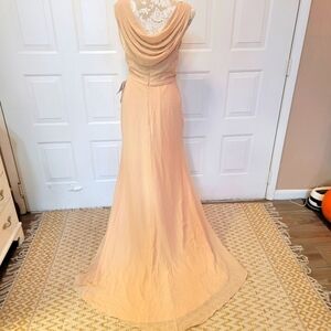 NWT neutral female dress with chiffon cowl‎ back, cups and slit floor length